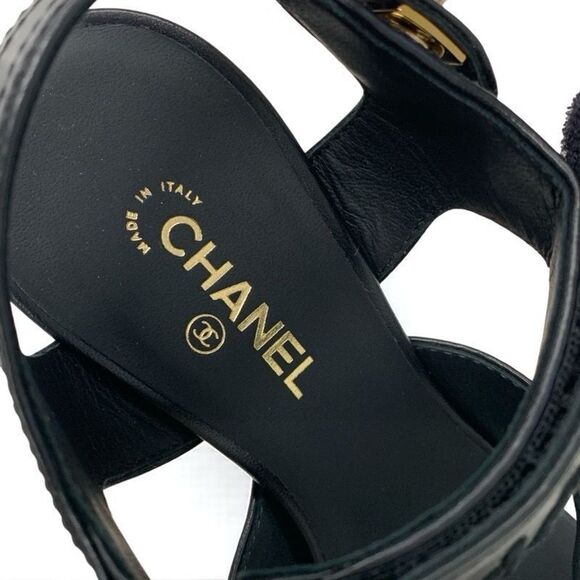 Chanel Sandals Shoes Leather Black Gold Coco Mark Logo Turnlock Velcro - Picture 7 of 10